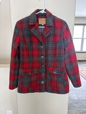 Power River Outfitters Red and Gray Plaid Wool Pea Coat